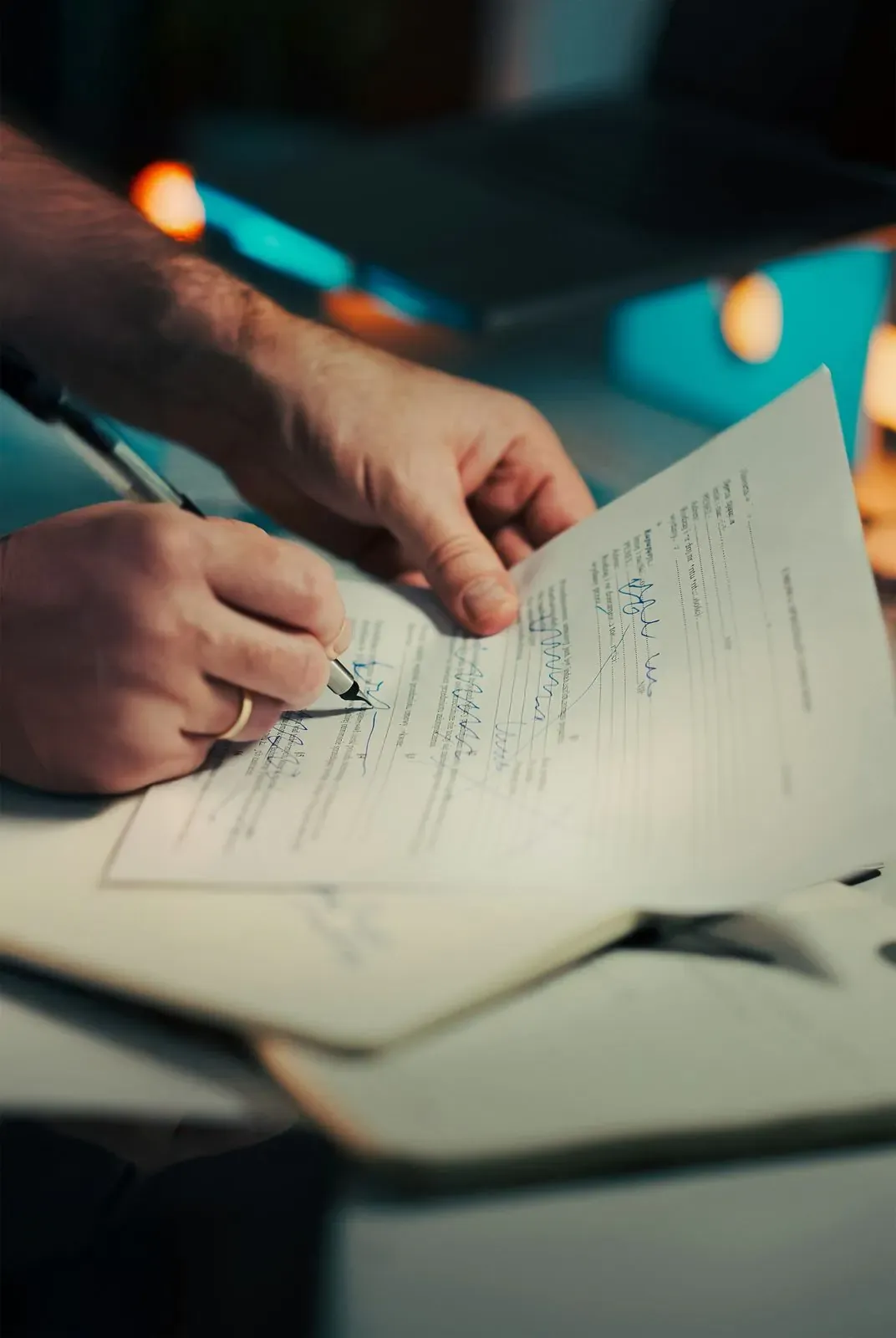 Close-up of a hand signing a document with a pen