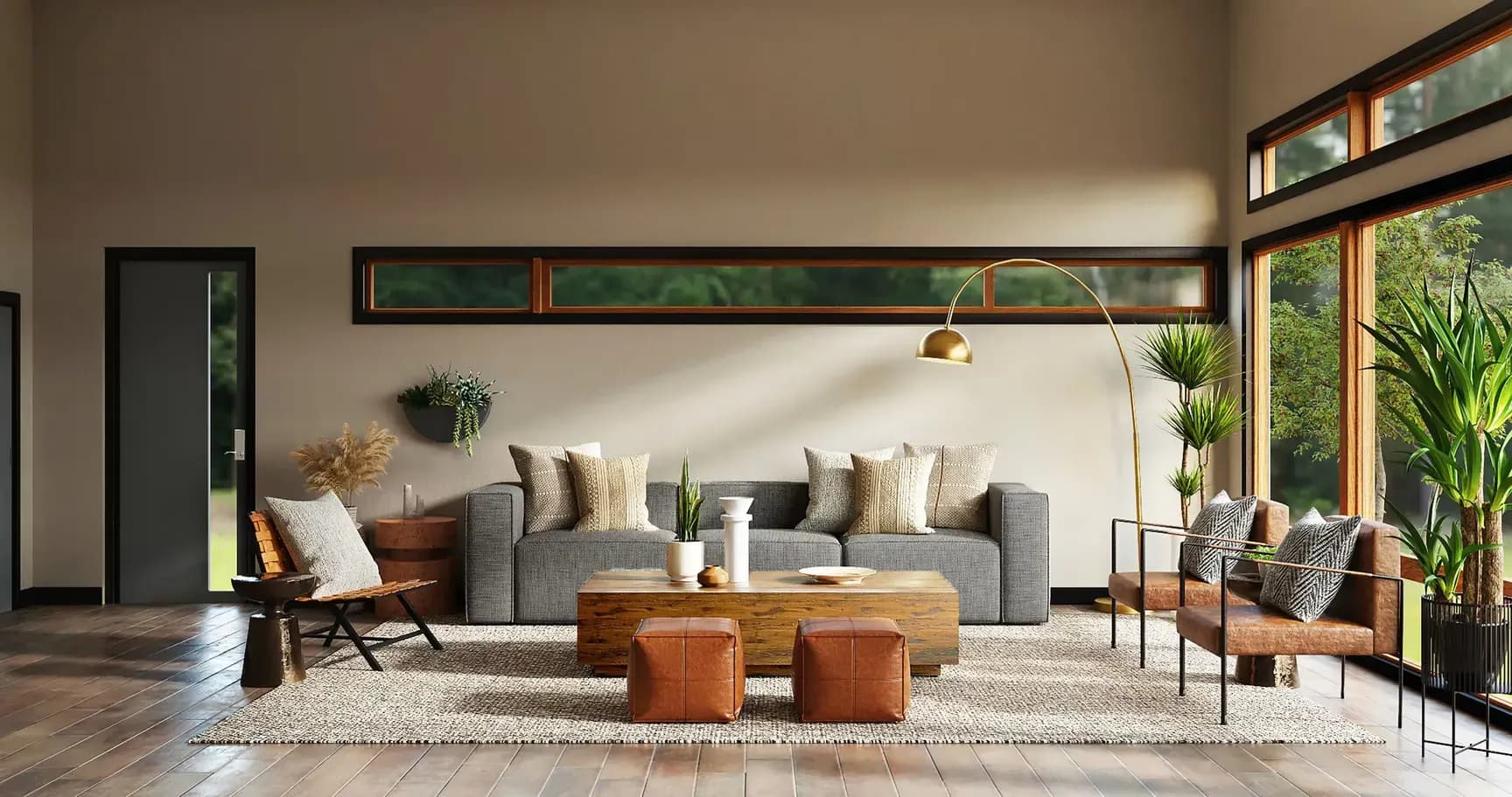 Bright modern living room with floor-to-ceiling windows