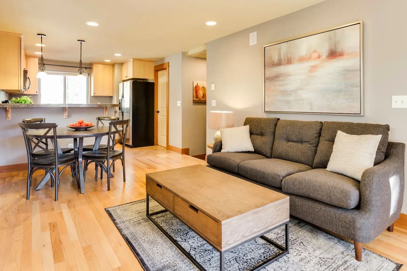 Restored living room with original floorboards