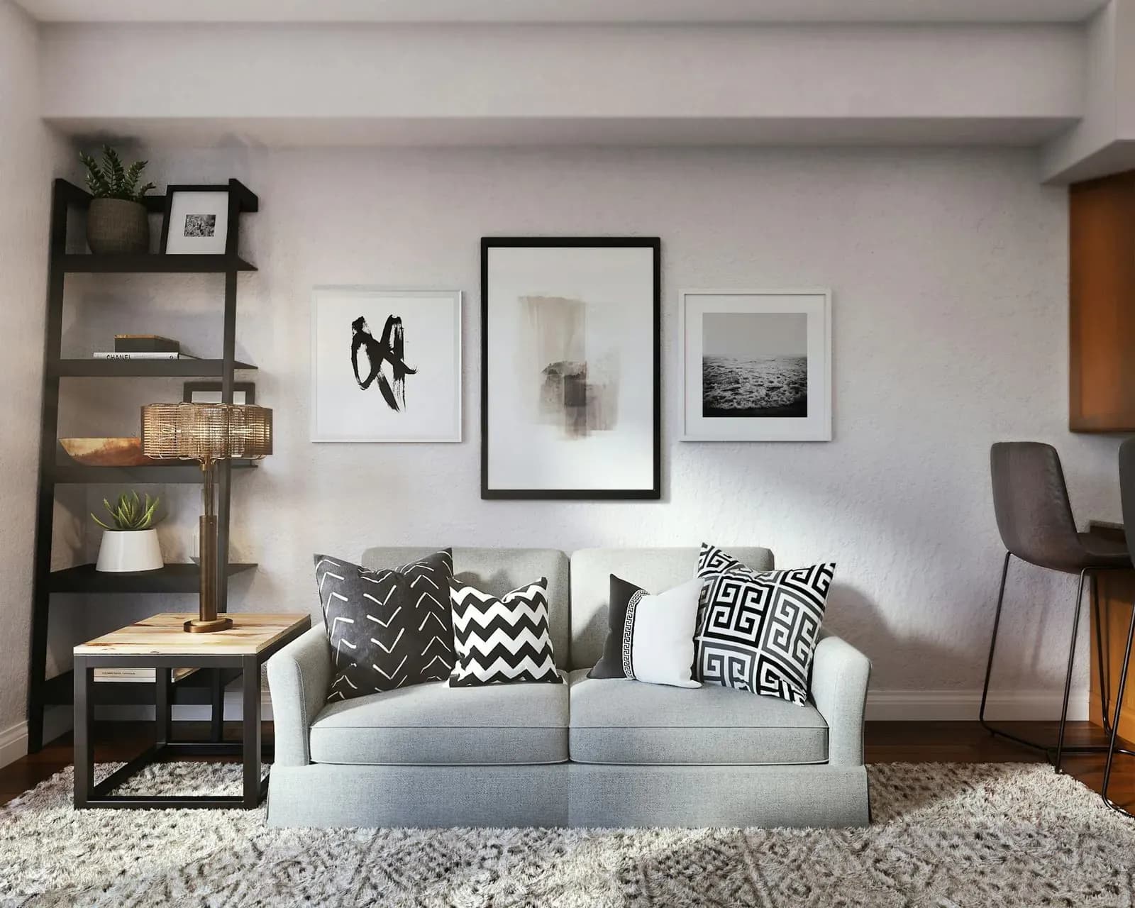 Reading corner beside the tall casement window