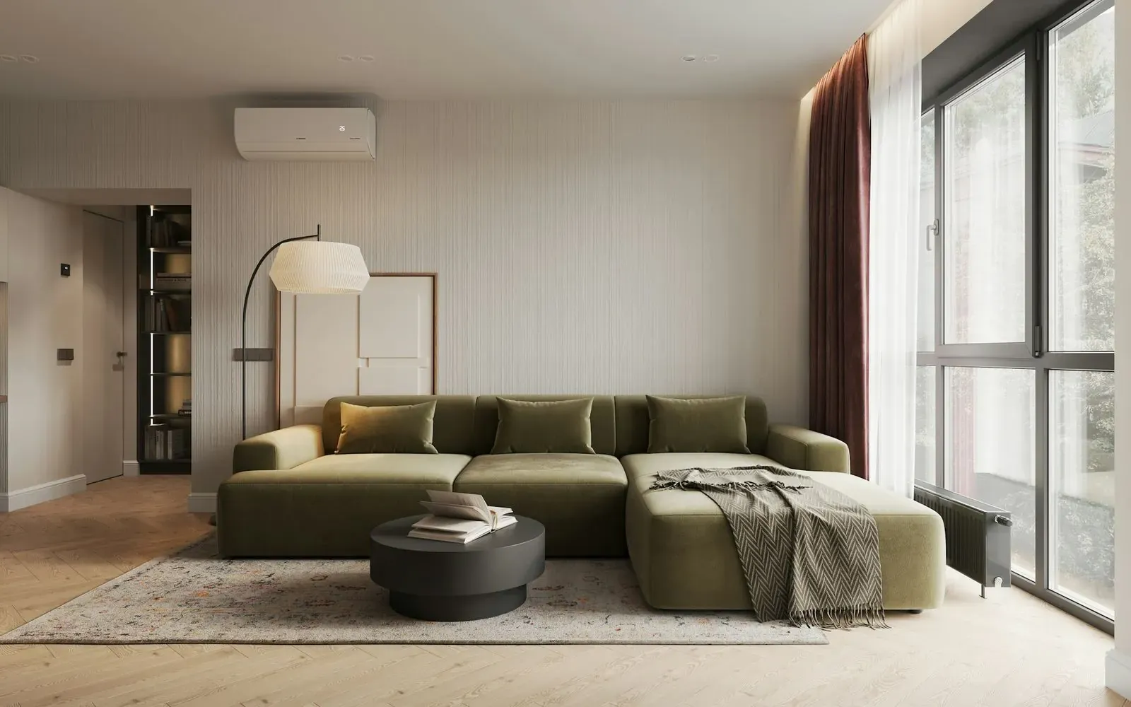 Sitting area with low seating and rug