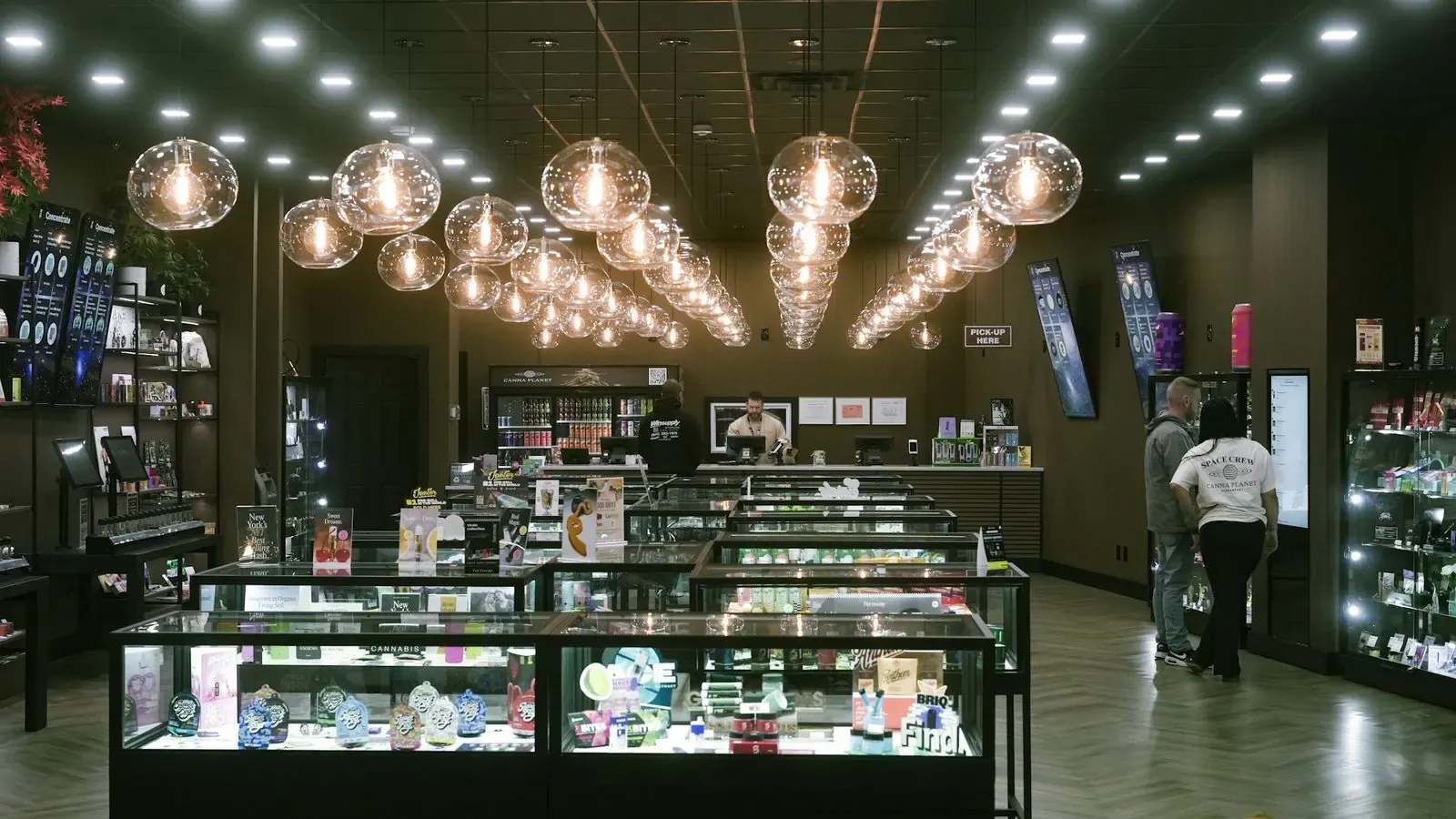 Pendant-lit display cases in the centre of the floor