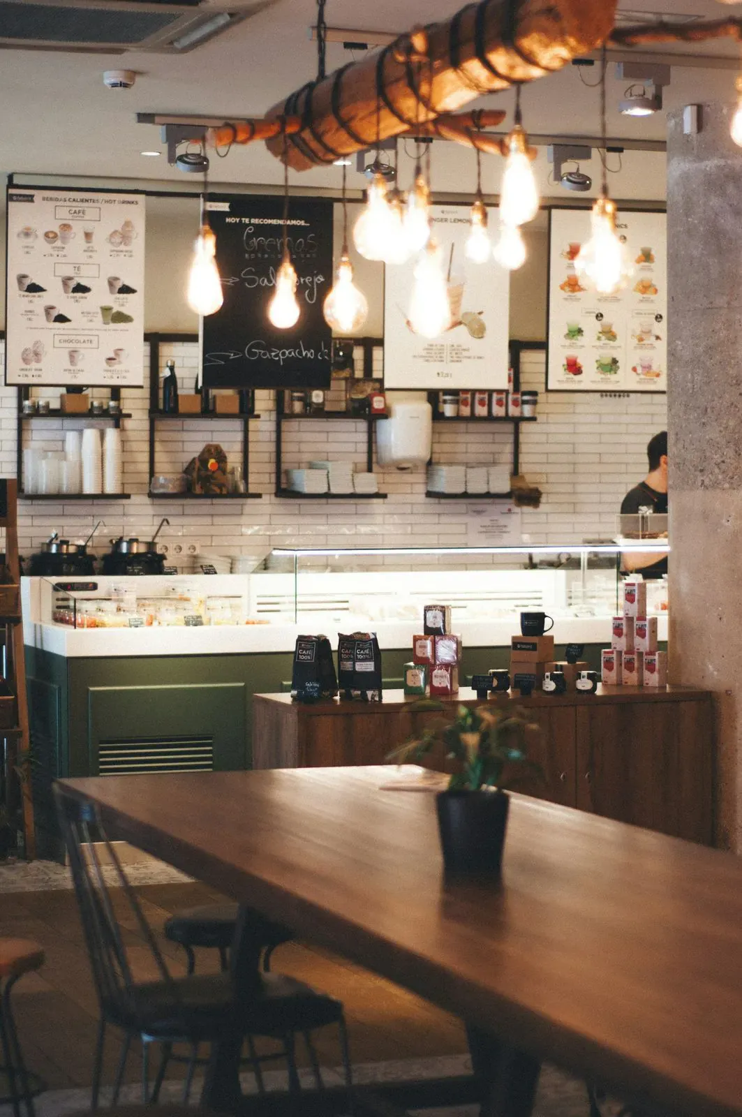 Brew bar beneath the suspended timber beam